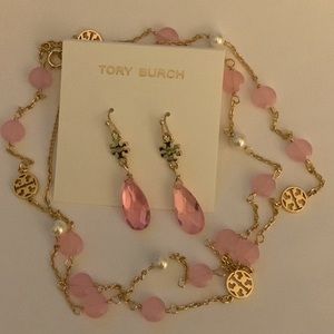 Tory Burch golden Mini logo Miller & pink beads pearl 28” Dainty necklace